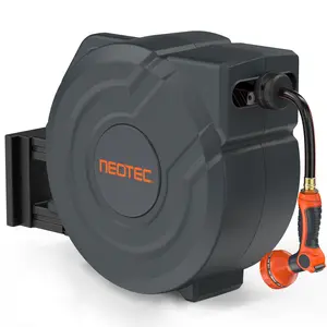 NEOTEC telescopic garden hose reel 100 feet/50 feet - wall mounted, with 3/4 inch brass fittings and 9-type nozzle - automatic rewinding system, locking at any length, 180 ° rotating bracket wall mounted, for watering, flushing, and car washing