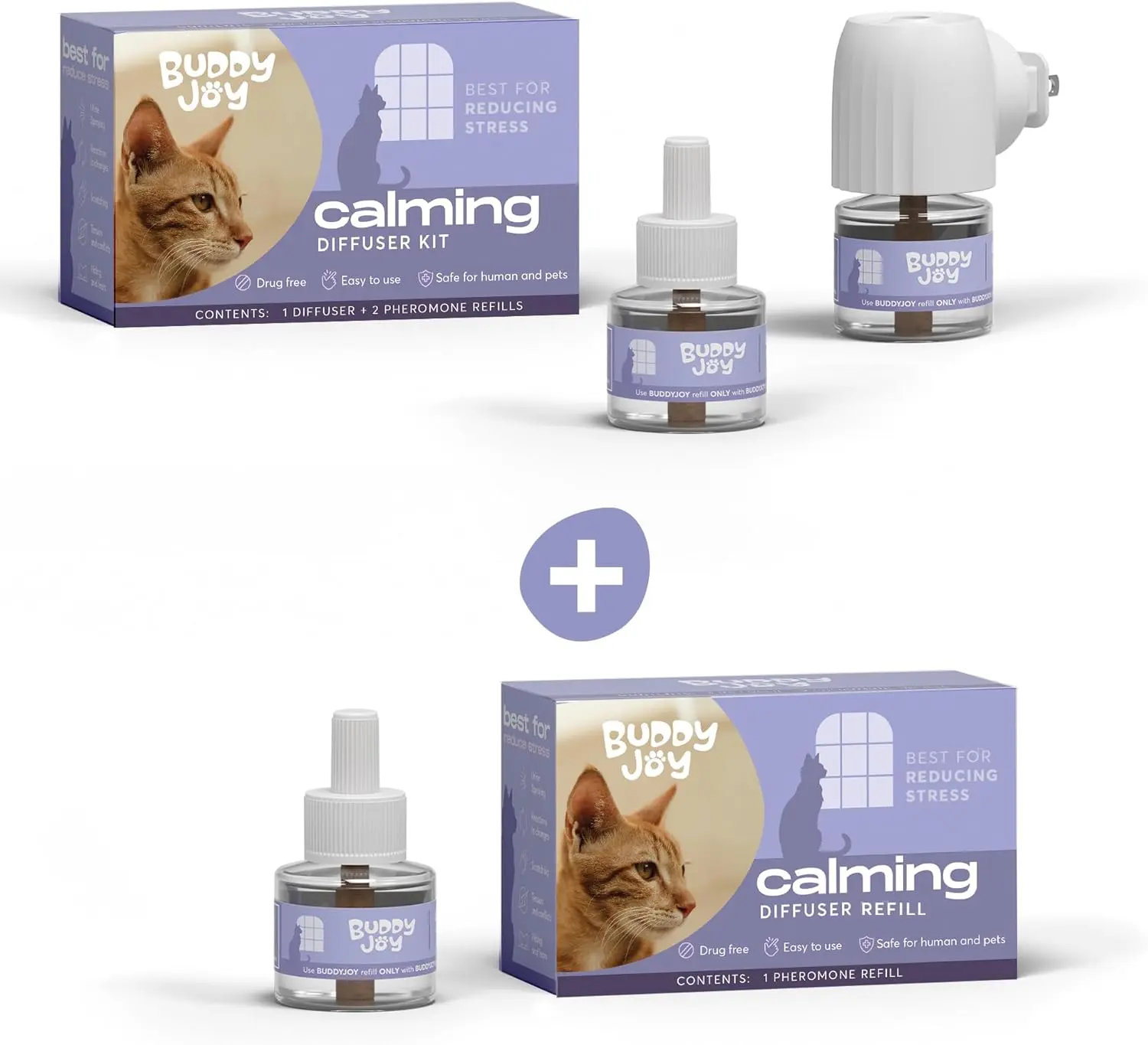 BUDDYJOY Cat Calming Diffuser Bundle – Long-Lasting 30-Day Formula with Pheromones for Stress Relief, Relaxation, and Anxiety Reduction in Cats Easy to Use – (1 Diffuser + 3 Refills)