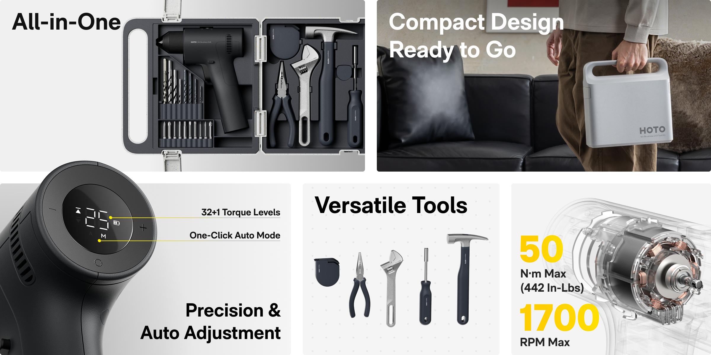 HOTO 25PCS Household Tool Kit with 16V Brushless Drill, Smart Display, 50 N·m Torque, 32 Torque Settings, USB-C Charging, LED Light, Includes Hammer, Wrench, Pliers, 8 x Drill Bits, 10 x Bits