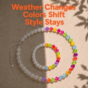 Color-Changing Dopamine Necklace – Arrives with White UV Reactive Beads, Turns Rainbow in Sun/UV Light – Waterproof Beaded Choker, Stainless Steel Summer Jewelry