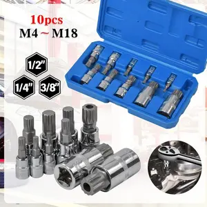 10-Piece S2 Alloy Steel Socket Set, M4-M18 Three-Directional Interface, Includes Storage Box, Repair Kit, Tools for DIY and Professional Use
