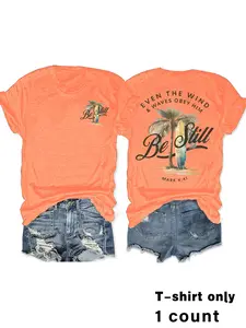 Women's Printed Coconut Tree Casual Style Top, Short Sleeve Round Neck, Medium Stretch, Non-Transparent Summer Vacation Wear