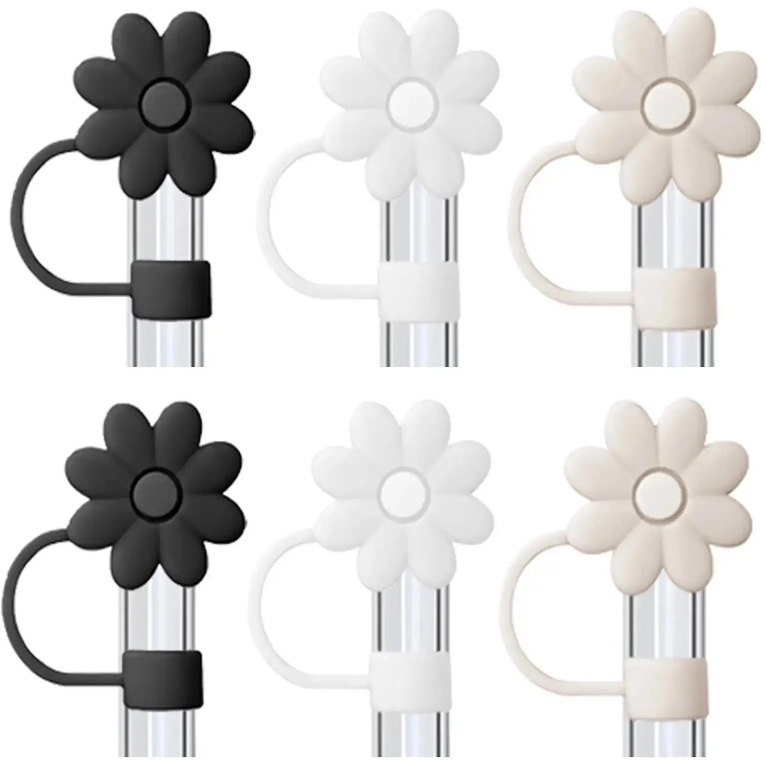 Silicone Straw Cap without Straw/Cup, 6 Counts Flower Shaped Reusable Straw Cover, Durable Straw Topper for 10mm Straw, Water Bottle Drinkware Accesso