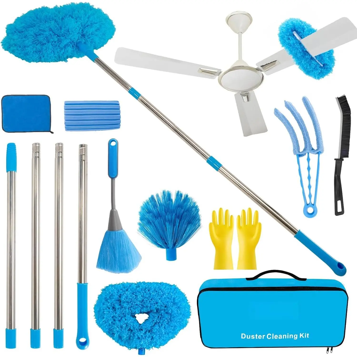 Ceiling Fan Cleaner Duster Kit 72 Inch Ceiling Fan Duster Extension Pole 8-in-1 Microfiber Duster Set for High Ceilings, Fan , and Lights  Cleaning Tools with Storage Bag