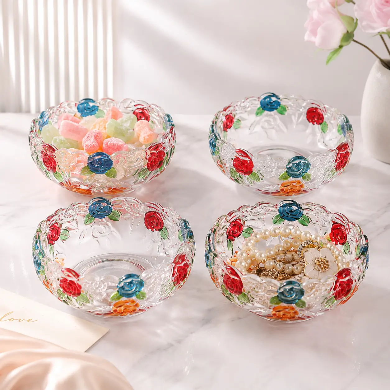 Colorful Floral Glass Dessert Bowls Set - 2-4pcs Small Kitchen Tableware for Fruit Salad, Vanity Decor, Housewarming-Holiday Gifts