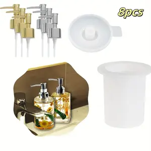 1 set Round Bottle Resin Mold with Pump, 6 Pack Dispenser Pump for Storage Soap Lotions, Hand Sanitizer, Creams, Kitchen, Bathroom Home Decor