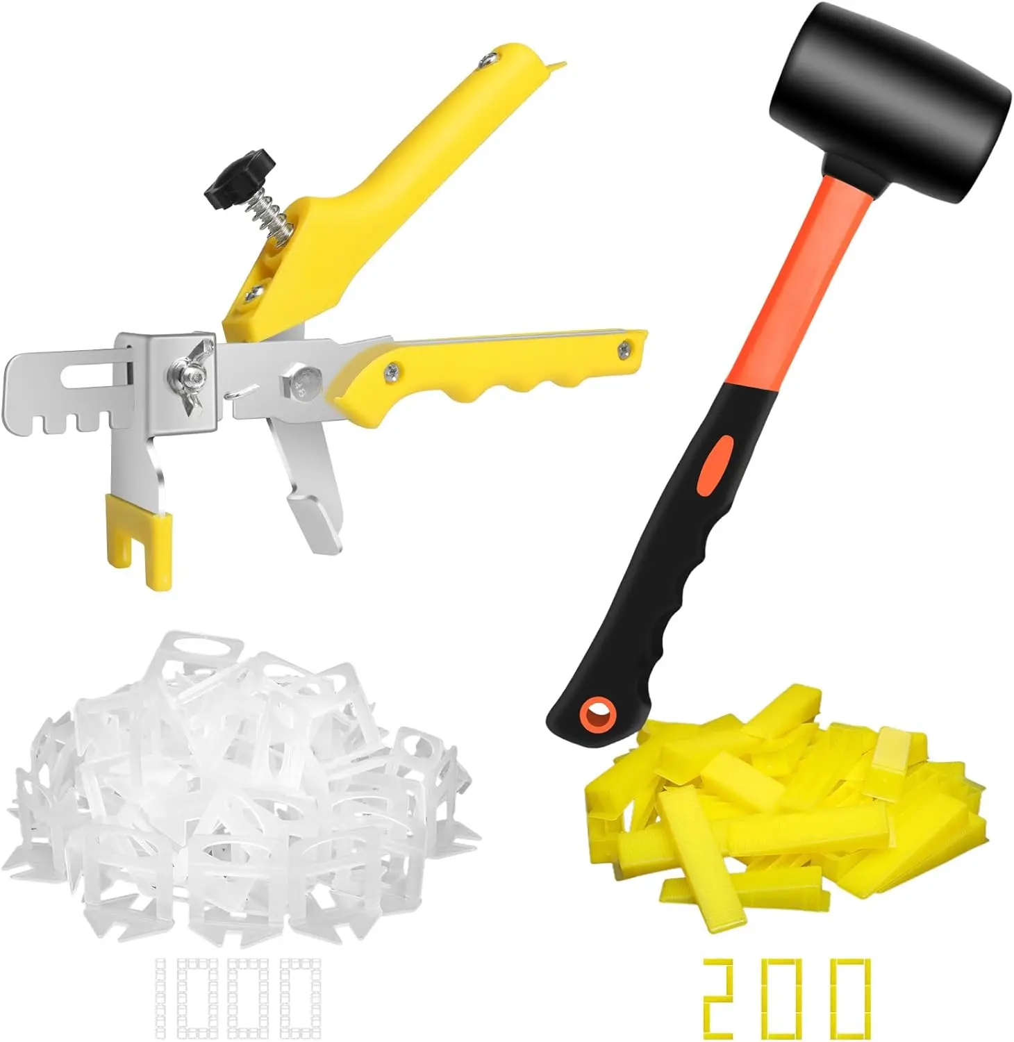 Tile Leveling System with Rubber Mallet and Tile Plier - 1000- Tile Spacers 1/16 Inch Tile Clips and 200-  Wedges Tile Leveling Tools for Tiles and Stone Installation