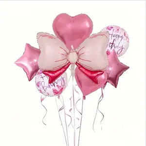 8 Bowknot Birthday Balloon Set, Self-Seal Aluminum Balloons, Foil Heart Balloons, Happy Birthday Design, Butterfly Design, Party Background Decor, Includes Ribbon