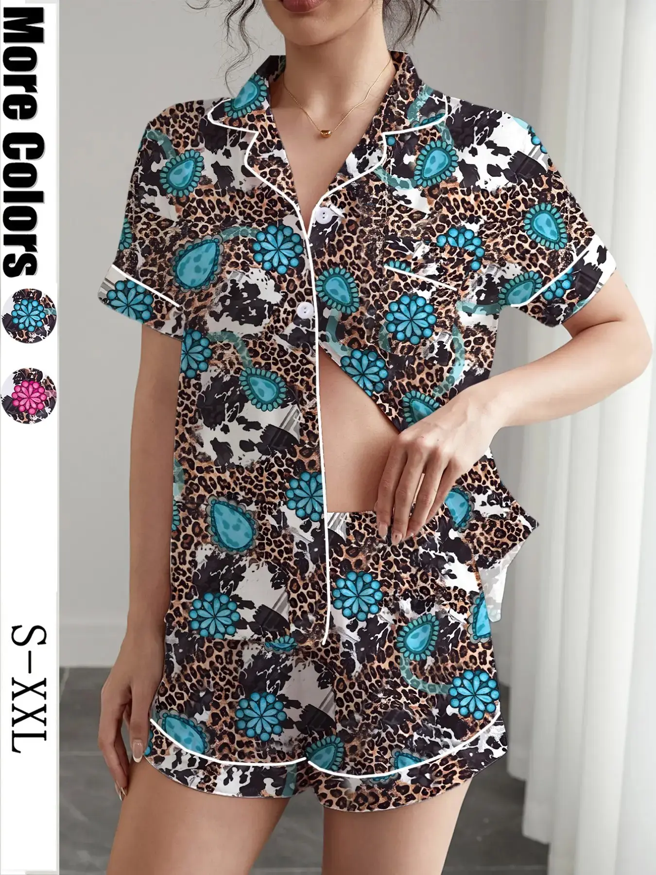 Women's Western Cowboy Leopard Print Pyjama Set, Pajamas, Short Sleeve Button-Up Top and Elastic Shorts, Casual Home Wear for All Seasons, Loungewear, Nightwear, Homewear, Loungewear Pjs Set