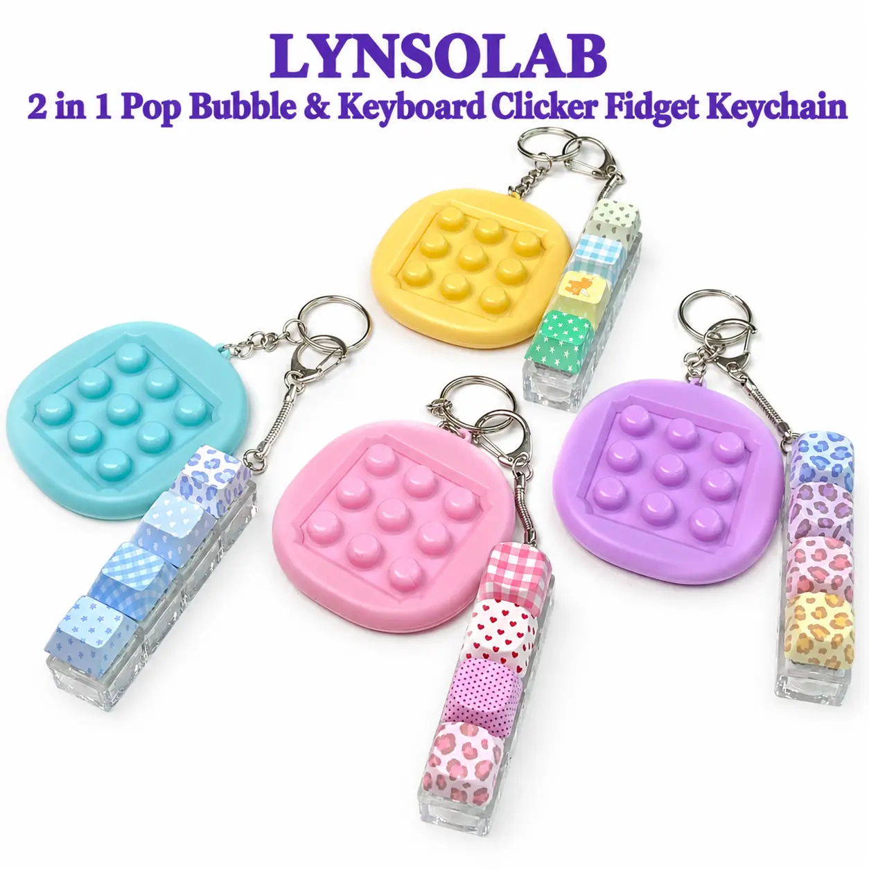 LYNSOLAB 2 in 1 Fidget Keychain, Pop Bubble Popper & Y2K Keyboard Clicker Fidget Toy, Portable Stress Relief Toy, No Battery