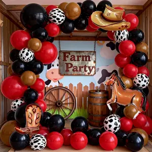 110PCS Western Cowboy Birthday Balloon Arch Kit, Balloon Garland with Red Black Brown Cow Printed Balloon Party Decorations, Comes with Cowboy Hats, Horse Boots Decorations, Suitable for Birthday Singles Parties, Festive Celebrations, Harvest Party