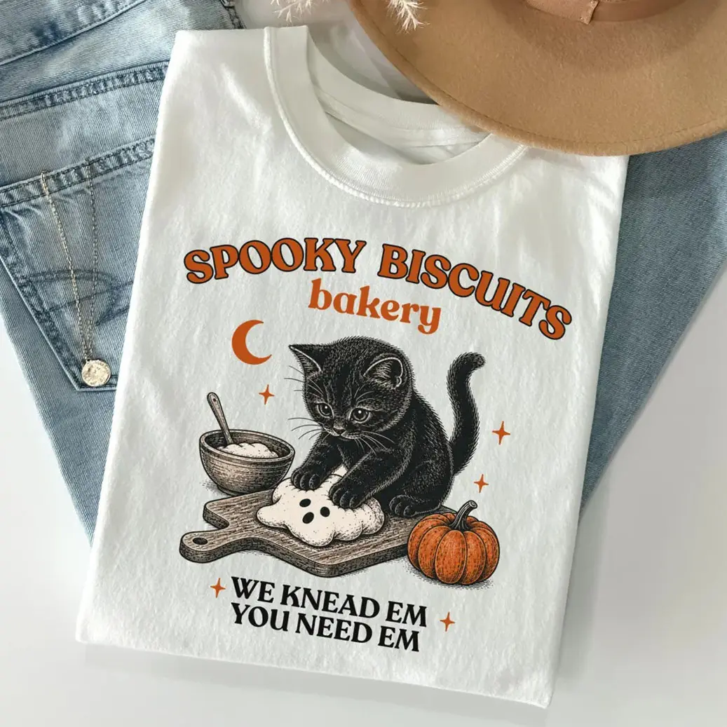 Spooky Bakery Black Cat Pumpkin Fall Halloween Graphic Short Sleeve T-Shirt, Womens Autumn Witchy Casual Tops, Soft Cotton Printed Craft Summervibes Tee, Relaxed Lightweight Daily Outfits
