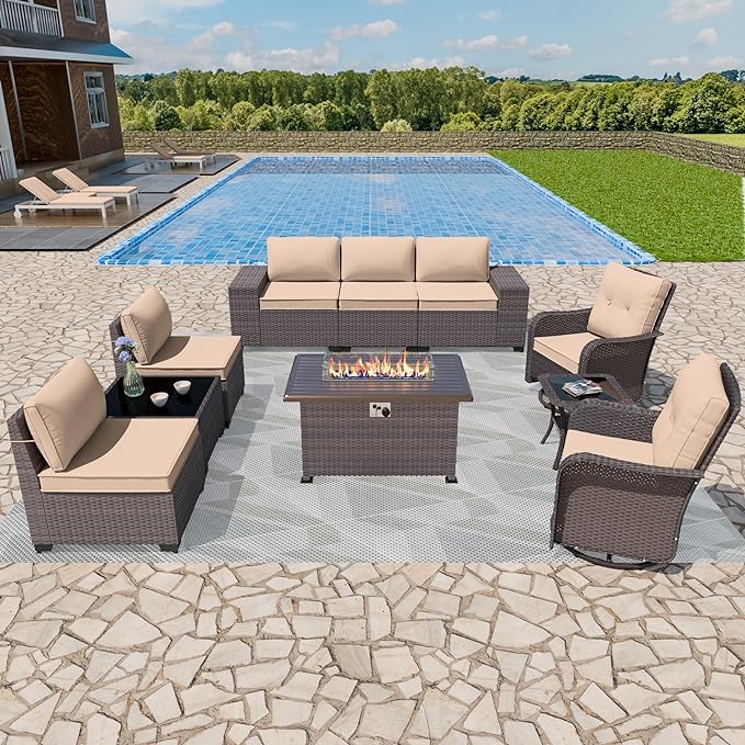 Patio Furniture 10/11 Pieces Set with 2 Swivel Chairs Patio Furniture Outdoor Sectional Sofas with 50000 Gas Fire Pit with transparent glass cover Patio Conversation Set with Cushions