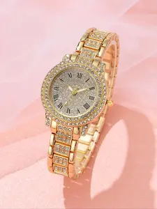 Ladies Round Quartz Rhinestone Decorated Watch, Alloy Strap, Includes Box for Daily Wear & Gifting