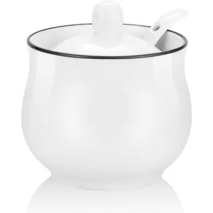 7oz Farmhouse White Ceramic Sugar Bowl with Lid and Spoon Salt Container Jar Porcelain Condiment Pot for Seasoning with Black Rim for Coffee Table