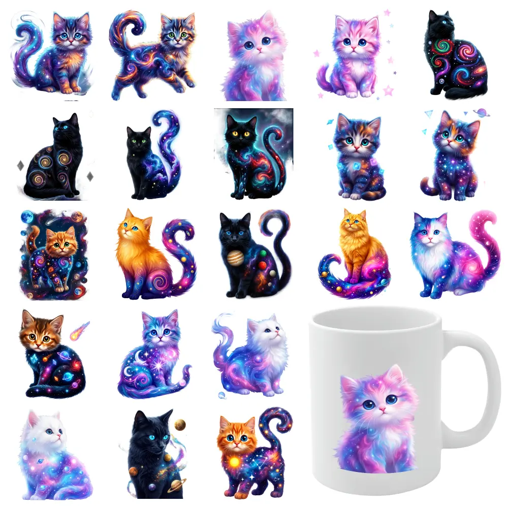 21 Pcs Galaxy Cats UV DTF Stickers Plastic Self-Adhesive Labels UV DTF Transfer Stickers for Glass Cups DIY Water Bottle Glass Transfer Sticker Decal Mug Decoration Gift