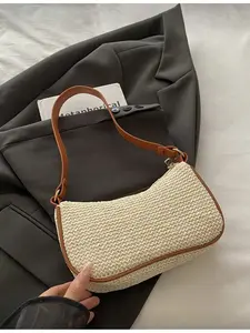 Women Straw Woven Shoulder Bag with PU Leather Strap Summer Beach Large Capacity Handbag Travel Vacation Holiday Essential
