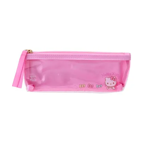 Hello Kitty Slim Poly Material Pencil Pouch - Character Design, Ribbon Zipper Pull, Transparent Panel, Zip Closure, Portable Office Stationery, Study Tool for School/Work