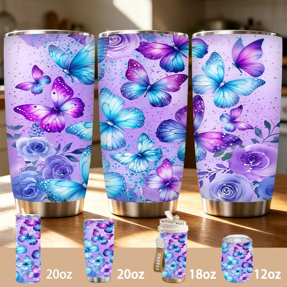 Stainless Steel Insulated Vacuum Flask Water Bottle Tumbler - Vibrant Watercolor Butterfly & Rose, Pastel Purple Floral Garden Design, 12/18/20oz Multi-Size, 7-12 Hours Cold/Hot Retention, Ideal Gift for Nature & Art Lovers, Flasks, 18Oz