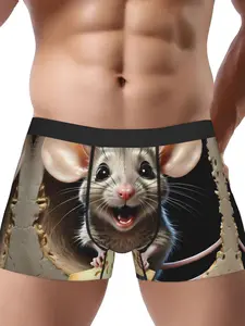 BIIHUDU Men'S Playful Mouse & Cheese Print Boxer Briefs - Stretchy Polyester Underwear with Black Waistband, Fun Novelty Design for Casual Attire, Comfortable Underwear | Whimsical Print | Medium Elasticity