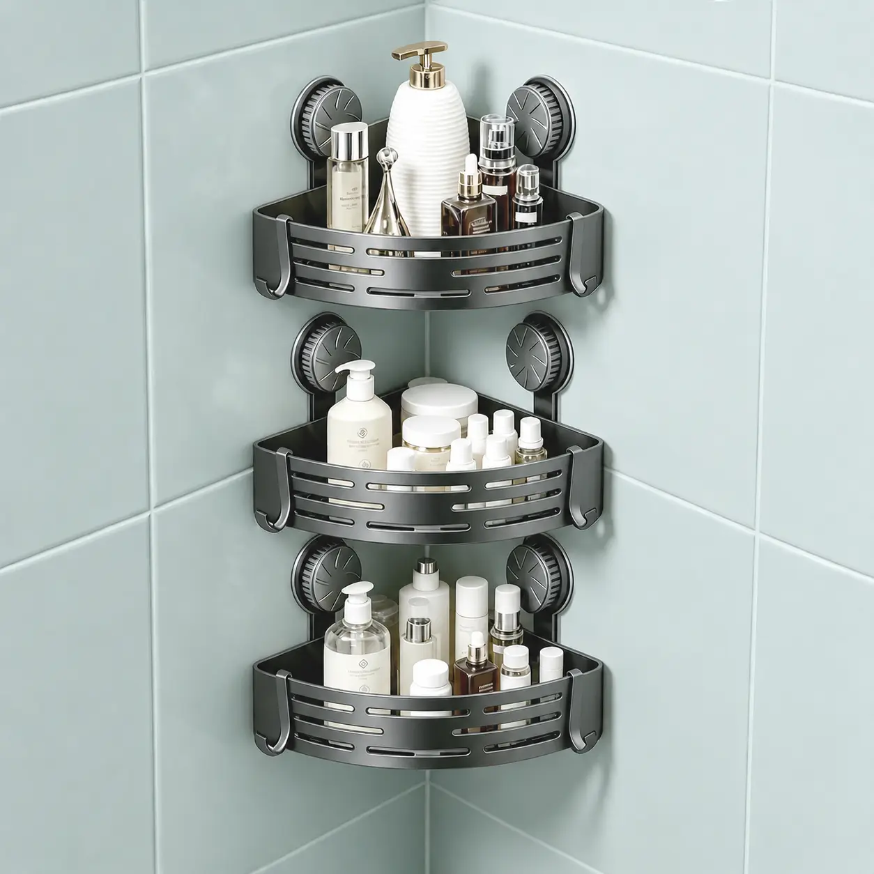 Gray 3-Piece Corner Mount Plastic Suction-Knob Bathroom Caddy Set - No-Drill Durable Shower Storage Set with Integrated Drain Holes, Self-Cleaning Bathroom Necessities Holder