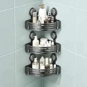 3-Piece Suction-Knob Corner Shower Shelf Set — No-Drill Bathroom Organizer, Gray