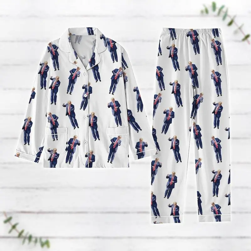 Donald Trump Dancing Pajama Set  Funny Political Gag Gift | Long Sleeve Button-Up & Pants Matching Loungewear