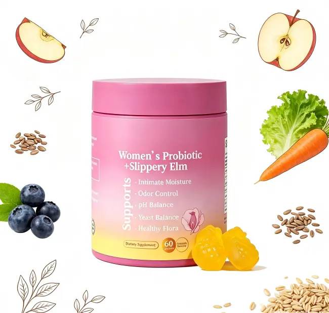 Natural Edible Feminine Wellness Gummies Her Juicy Pineapple Probiotics 60ct, Slippery Elm Blend Supports Intimate Balance, Digestive Gut Health & Immune System for Women