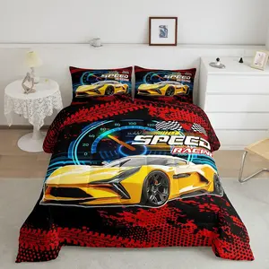 Race Car Beds,Comforter Set,Race Car Speed Dashboard Extreme Sports Bedding Sets,Black And White Checkered Grid Buffalo Bedding Comforter Sets