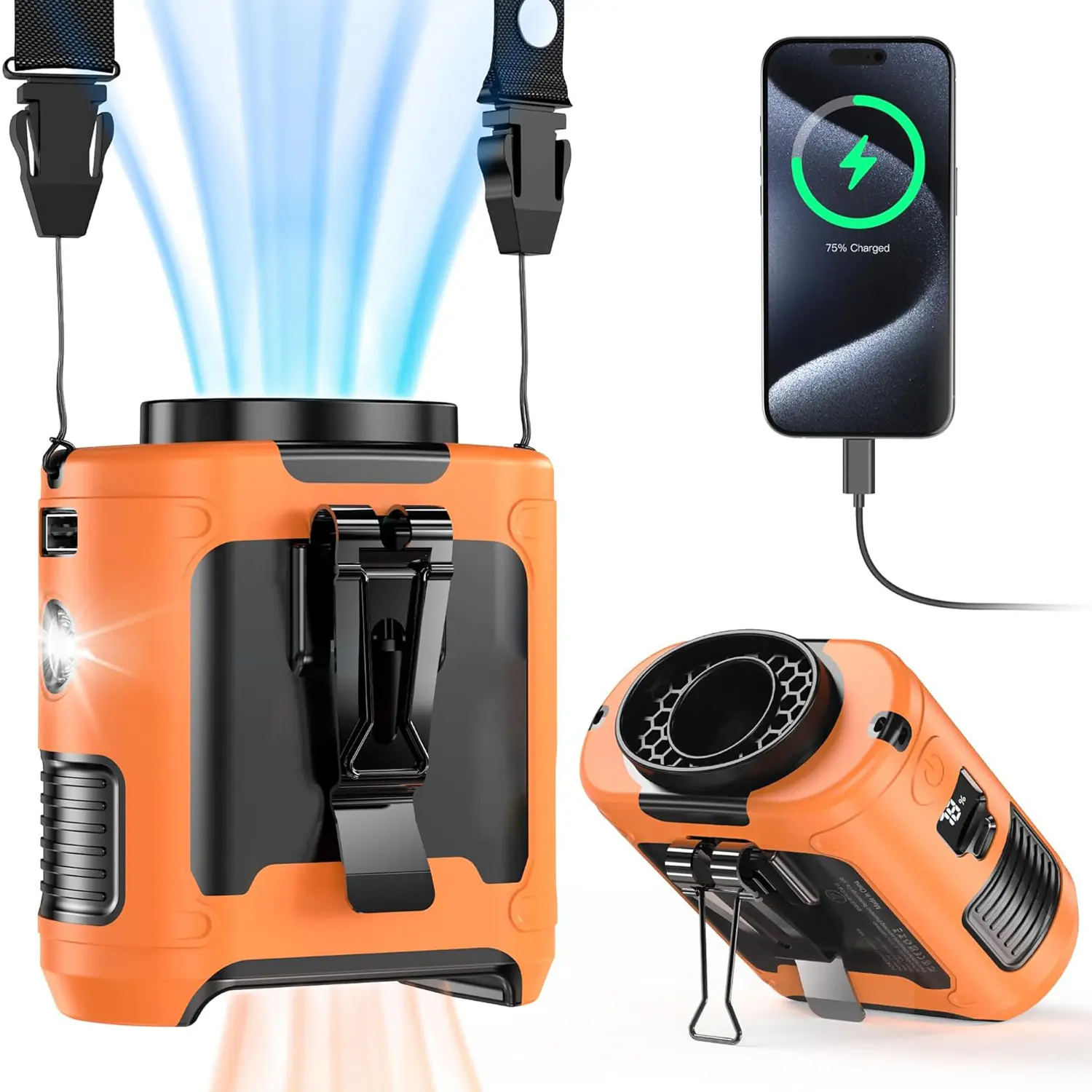 10000mAh Waist Fan Power Bank 24Hr – Clip-On Portable Cooling + Phone Charger with LED & Display for Outdoor Work, Hiking, Cooking (5-Speed Brushless) Rechargeable Belt Fan Multifunction Rechargeable Fan Humidifier Fan