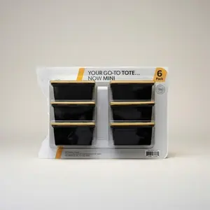 Mini Tote Storage Containers, Black with Yellow Lid, Small Plastic Organizer Bins, 6 Pack