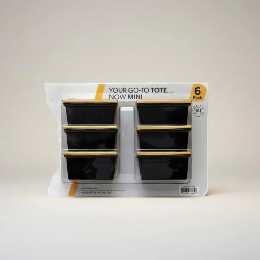 6-Pack Classic Square Mini Tote Storage Containers, Black Plastic Home Organizer Bins with Yellow Lids