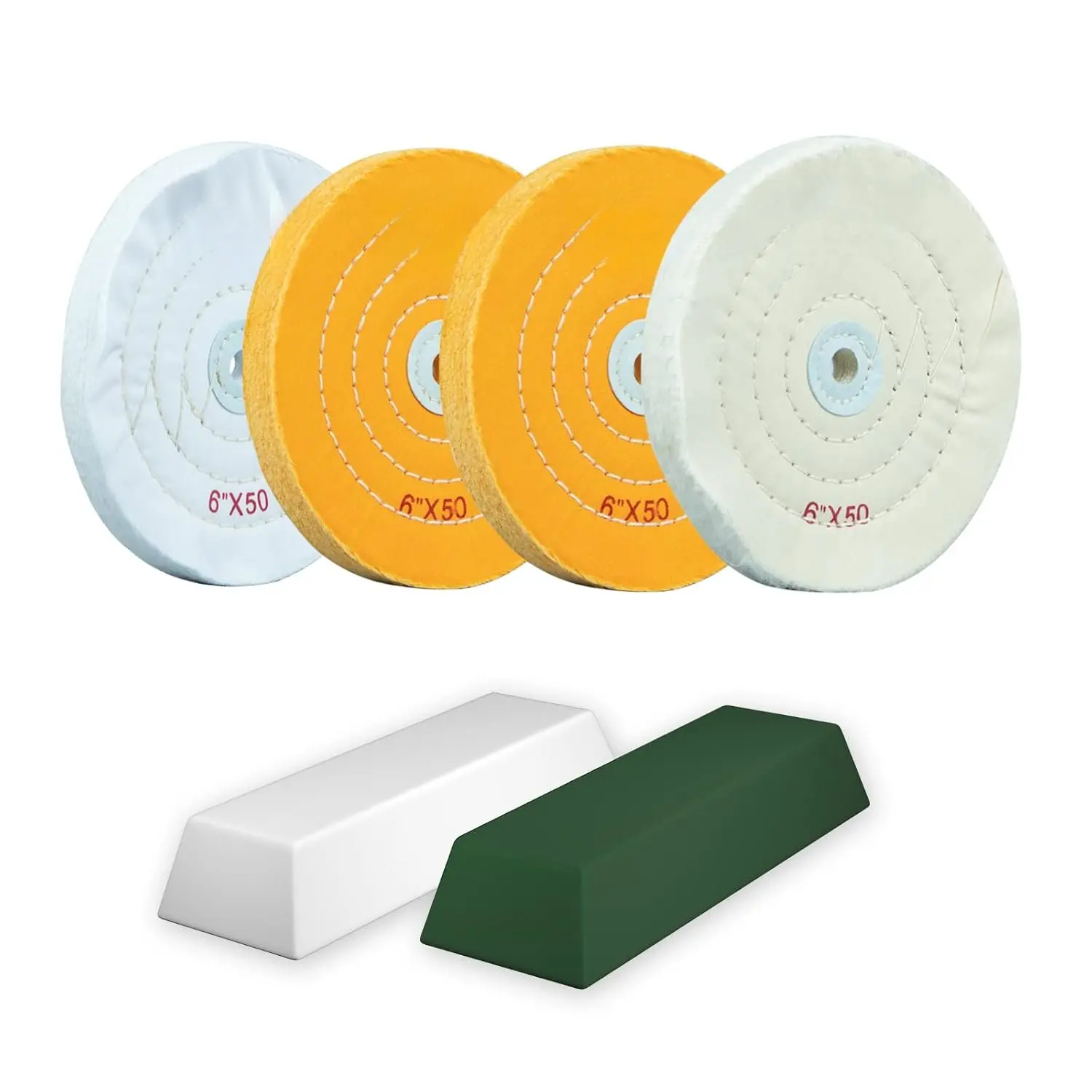 4 Pack Polishing Wheel for Bench  - 6 Inch Buffing Wheel Set (2 Yellow Cotton, 2 White Cotton) - Buffer Polisher Pad With 1/2'' Arbor Hole and Polishing Compound Kit