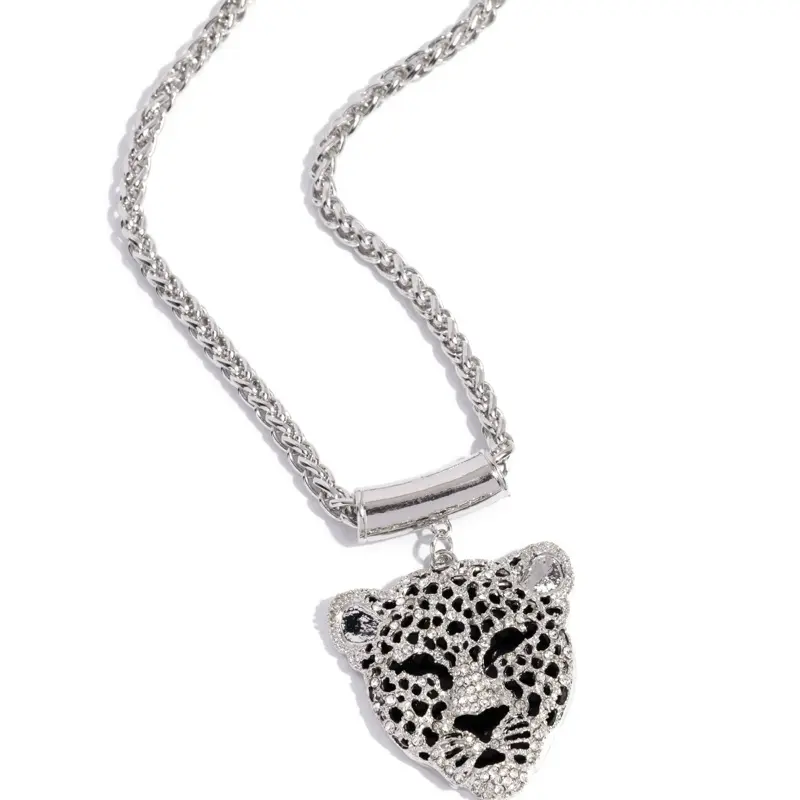Leopard Luminescence Black Chain Necklace with Rhinestone Leopard Head Pendant