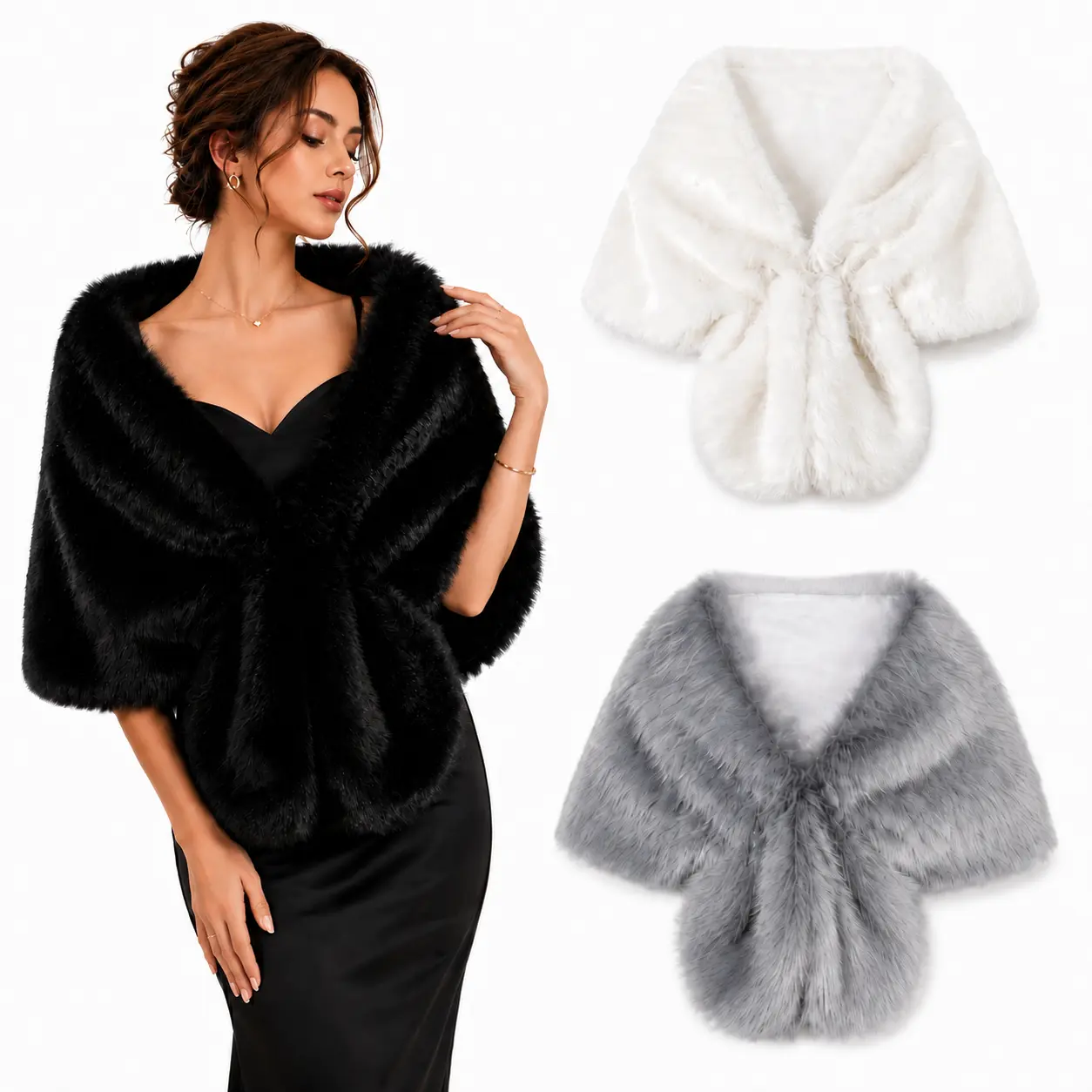Women’s Luxury Faux Fur Shawl, Elegant Bridal Cape Wrap, Wedding Evening Party Dress Cover Up, Soft Warm Shoulder Wrap