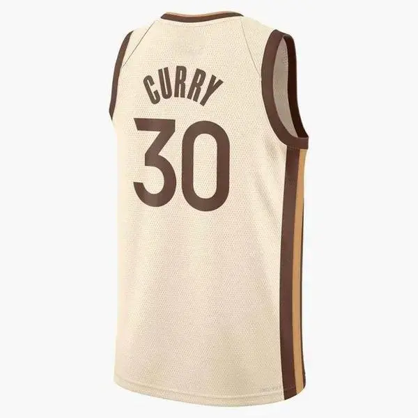 Unisex Cream #30 Curry Swingman Basketball Jersey 26/27 – Brown Accent Full Logo Fan Edition Sleeveless Sports Jersey for Men & Women