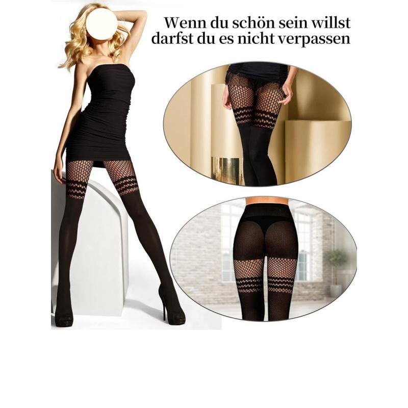 Women's Sexy Mock Thigh High Fishnet Tights, 2-Pairs Suspender Style Pantyhose, See-through Mesh Leggings with Striped Detail, Perfect for Date Night, Party Outfits & Daily Wear, All Seasons Fashionable Basic Legwear