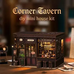 DIY Book Nook Miniature House Kit - Corner Tavern 3D Wooden Puzzle with LED Light, Vintage Bookshelf Insert Decor, Creative Gift for Adults & Teens (The Hidden Bar)