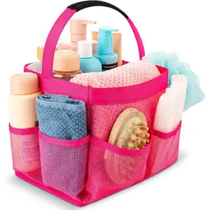 Mesh Shower Storage Bag - 9-Pocket Portable Bathroom Storage Bag, Suitable for Travel, Gym, and Dorm - Foldable Small Shower Storage Bag for Storing Toiletries and Essentials (Pink)