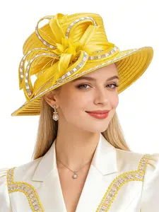 Women's Wide Brim Flat Top Hats Church Hat Bridal Wedding Tea Party Dress Hat Formal Flower Fascinator Hats