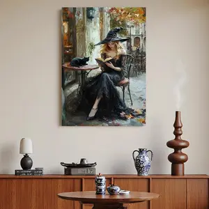 Framed Canvas 1pc Package Wooden Frame Home Decor  of Witch Reading Book with Black Cat on Street Canvas Artwork, Birthday Gift, Spring Decoration, Modern Minimalist Artwork for Living Room, Bedroom, Office, Kitchen, Dining Room, for Halloween