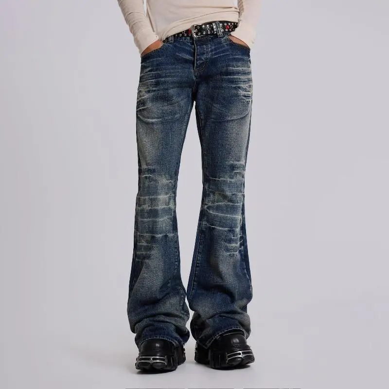 Y2K Mid Blue Flared Jeans Vintage Washed Men Women Bootcut Jeans Gothic High Street Unisex Streetwear Retro Baggy wide leg Pants