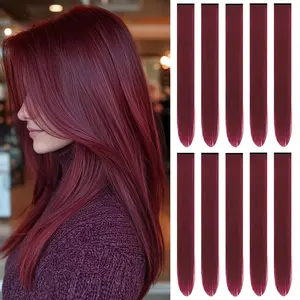 22 inch Colored Hair Extensions, Colorful Party Highlights Clip in Synthetic Hair Extensions, Burgundy Color Long Straight Hairpieces for Girls Women  Favor (10 PCS  Red)