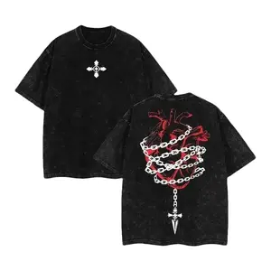 Retro Kurapika Vintage Washed T-Shirt – Hunter X Hunter Double Printed Anime Tee – Heavyweight Cotton Oversized Graphic Shirt, Dark Gothic Heart & Chain Design, Edgy Streetwear Manga Aesthetic Unisex Top Funny Streetwear Graphic Tee Menswear Top Man