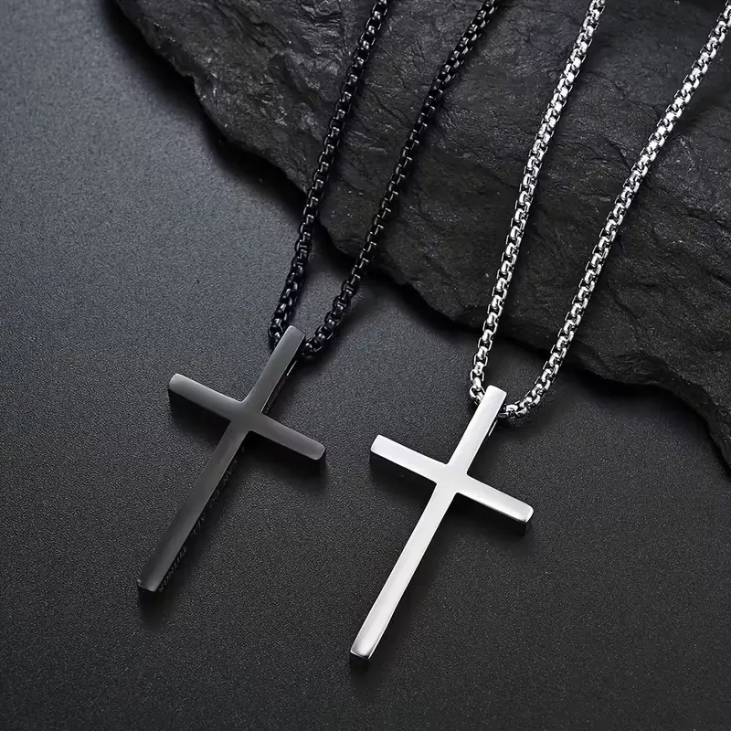 Solid Christian Style Cross Chain, 2-Piece 316L Stainless Steel Necklace Set for Men and Women, Elegant Minimalist Jewelry, Unisex, Casual