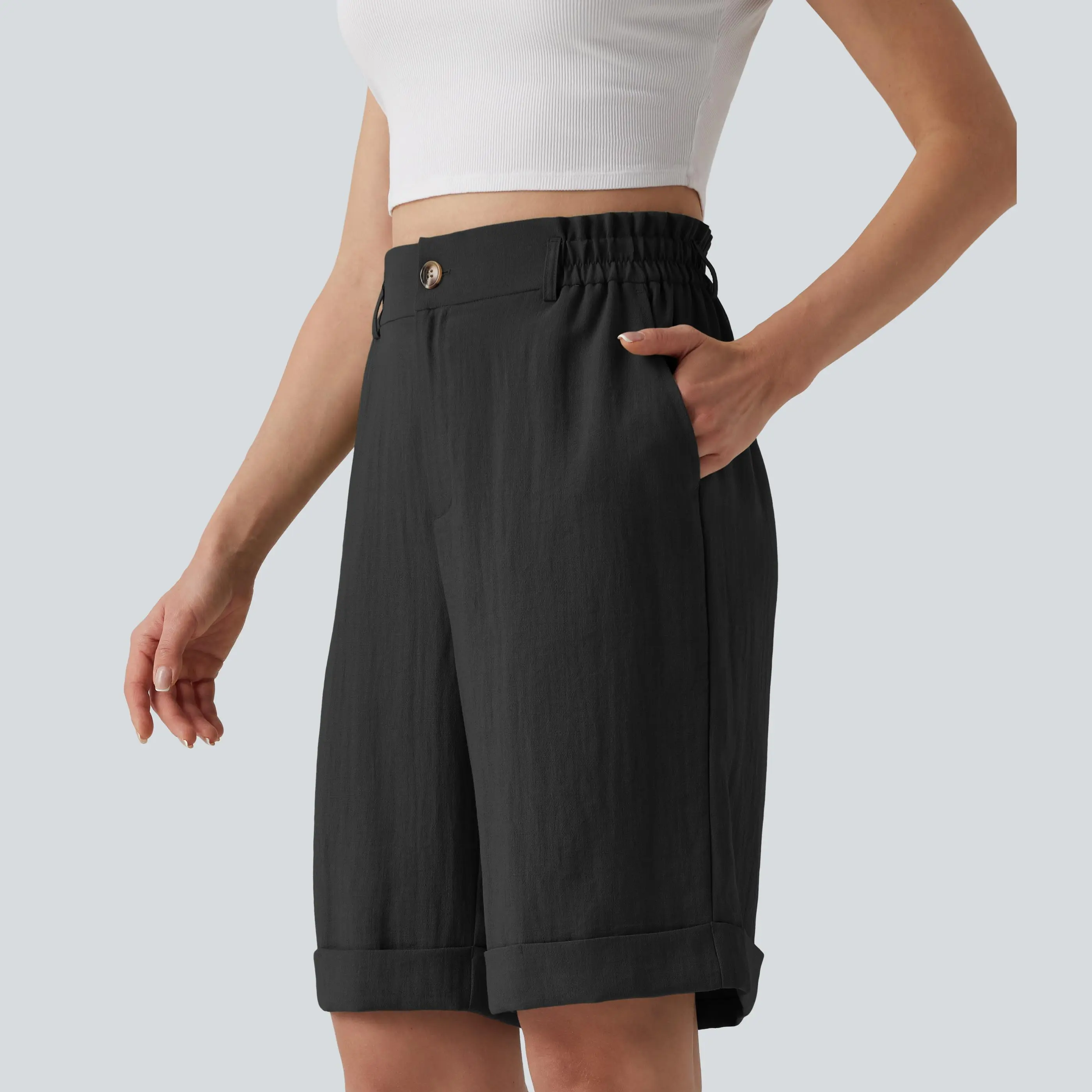 Halara High Waisted Rolled Hem Linen-Feel Resort Bermuda Shorts 10'' with Pockets