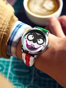 Funny Clown Dial Quartz Watch, Trendy Wristwatch, Stylish PU Leather Strap, Festival Party Fashion Watch, Analog-Digital, Round Face, Street Style, All Seasons