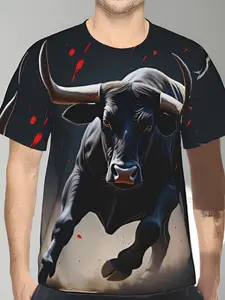 Men'S 3D Printed Streetwear T-Shirt, Aggressive Charging Bull with Glowing Golden Eyes And Red Splatters Design, Deep Black Glossy Tone, Polyester Breathable Short Sleeve, Raw Power And Danger Theme for Daily Wear And Leisure S-3XL