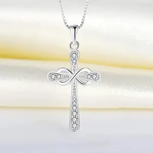 Huitan Infinity Cross Pendant Necklace for Women Silver Color Romantic Neck Accessories Bridal Wedding Trendy Love Jewelry Gift