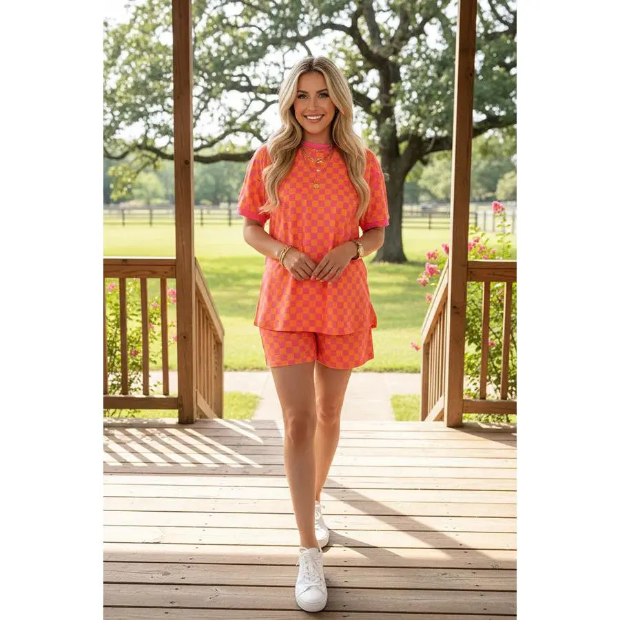 Western pink/yellow checkered top & shorts women's boutique set